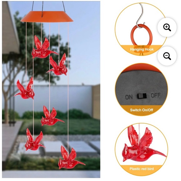 Bundle of 2 Solar Cardinal Red Bird Wind Chime Lights, LED - Picture 2 of 6
